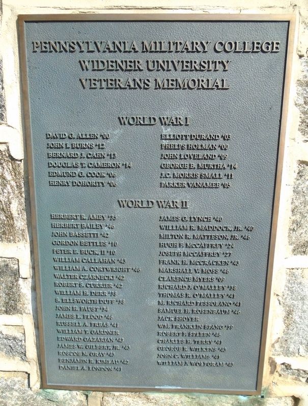 Pennsylvania Military College/Widener University Veterans Memorial. Click for full size. Pennsylvania Military College/Widener University Veterans Memorial image. Click for full size.