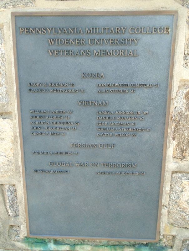 Pennsylvania Military College/Widener University Veterans Memorial. Click for full size. Pennsylvania Military College/Widener University Veterans Memorial image. Click for full size.