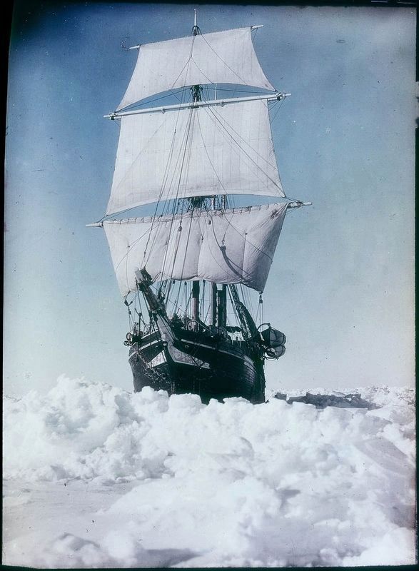 <i>Endurance</i> under sail trying to break through pack ice, Weddell Sea, Antarctica, 1915. Click for full size. <i>Endurance</i> under sail trying to break through pack ice, Weddell Sea, Antarctica, 1915 image. Click for full size.