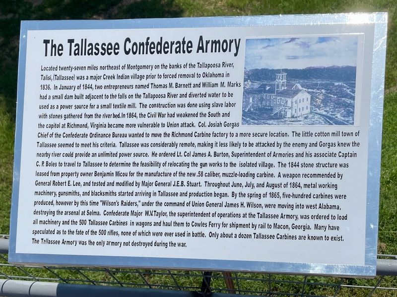 The Tallassee Confederate Armory Marker. Click for full size. The Tallassee Confederate Armory Marker image. Click for full size.