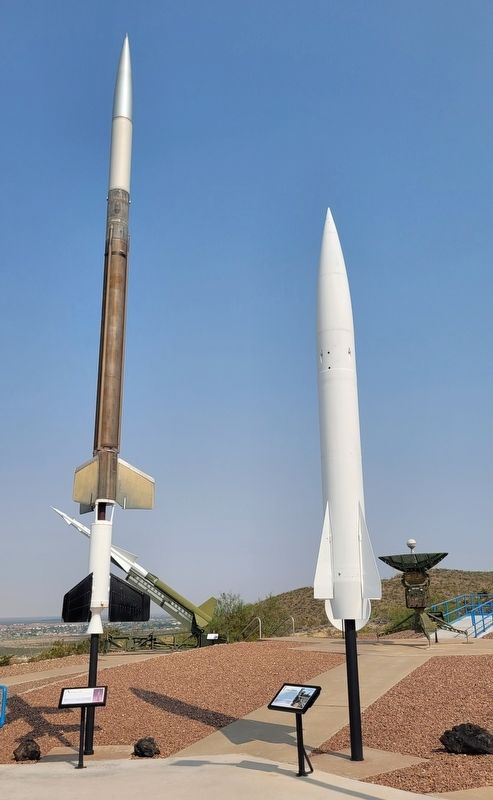 The Aerobee 150 missile is on the left side of the two missiles. Click for full size. The Aerobee 150 missile is on the left side of the two missiles image. Click for full size.