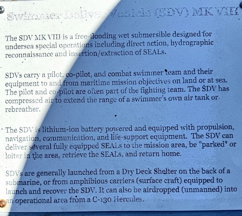 Swimmer Delivery Vehicle (SDV) MK VIII Marker. Click for full size. Swimmer Delivery Vehicle (SDV) MK VIII Marker image. Click for full size.