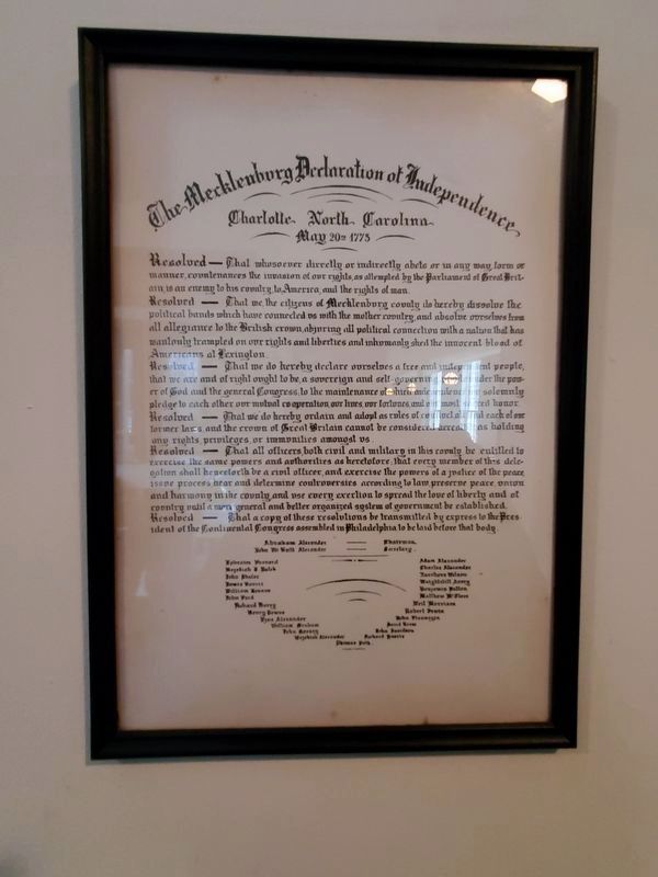 Framed replica of the Mecklenburg Declaration in the lobby of of Hopewell Presbyterian Church image. Click for full size.