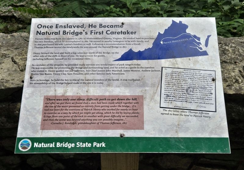 Once Enslaved, He Became Natural Bridge's First Caretaker Marker. Click for full size. Once Enslaved, He Became Natural Bridge's First Caretaker Marker image. Click for full size.