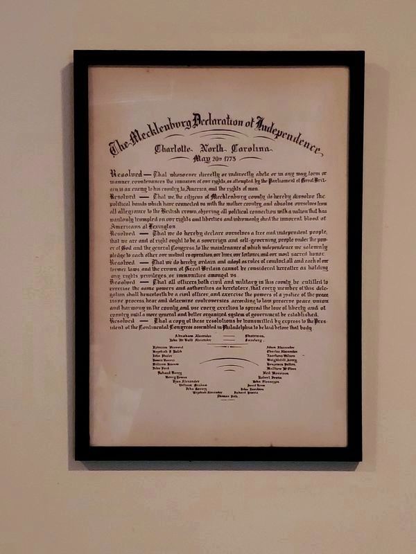 Framed replica of the Mecklenburg Declaration in the lobby of Hopewell Presbyterian Church. Click for full size. Framed replica of the Mecklenburg Declaration in the lobby of Hopewell Presbyterian Church image. Click for full size.