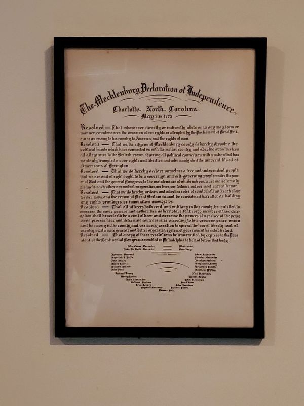 Framed replica of the Mecklenburg Declaration in the lobby of Hopewell Presbyterian Church. Click for full size. Framed replica of the Mecklenburg Declaration in the lobby of Hopewell Presbyterian Church image. Click for full size.