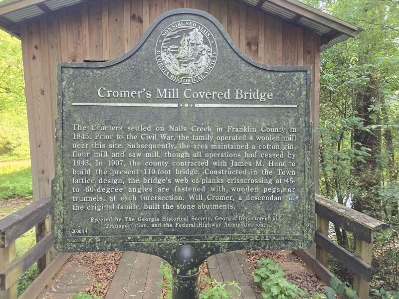 Closeup of Cromer's Mill Covered Bridge Marker at North entrance. Click for full size. Closeup of Cromer's Mill Covered Bridge Marker at North entrance image. Click for full size.