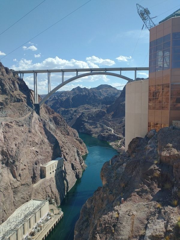Mike O'Callaghan�Pat Tillman Memorial Bridge as seen from Hoover Dam. image. Click for full size.