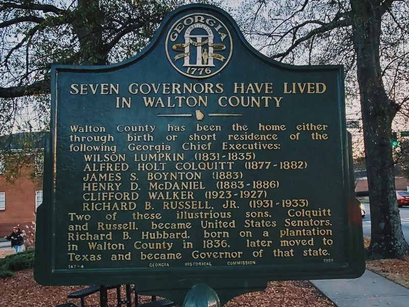 Seven Governors Have Lived In Walton County Marker (restored). Click for full size. Seven Governors Have Lived In Walton County Marker (restored) image. Click for full size.