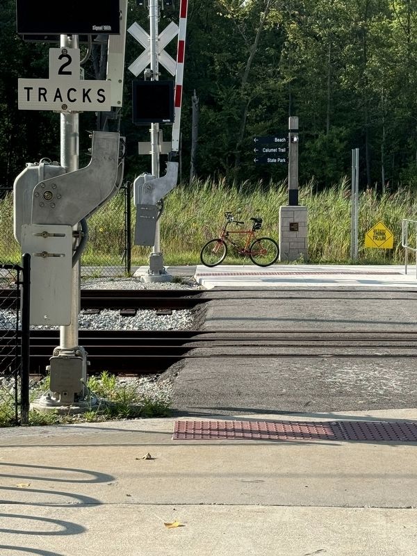Pedestrian crossing from train station to trailhead and History Marker image. Click for full size.