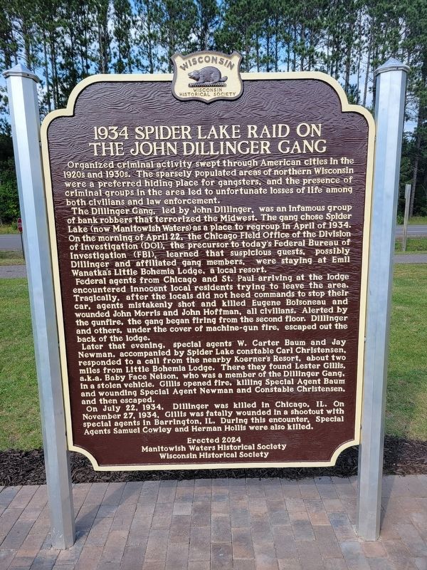1934 Spider Lake Raid on the John Dillinger Gang Marker image. Click for full size.