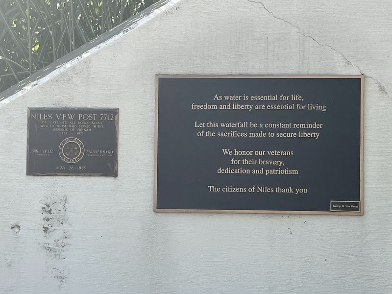 Niles Veterans Memorial Waterfall Marker. Click for full size. Niles Veterans Memorial Waterfall Marker image. Click for full size.