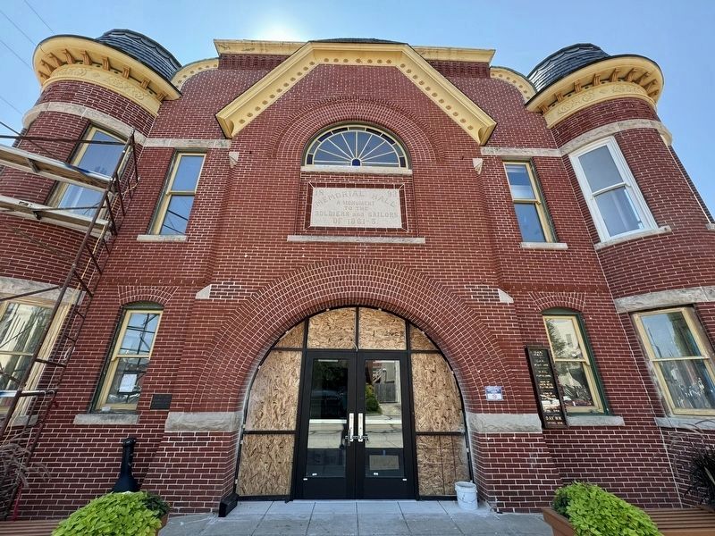 Memorial Opera House with War Memorial Marker on top and Historic Register Marker left of entrance image. Click for full size.