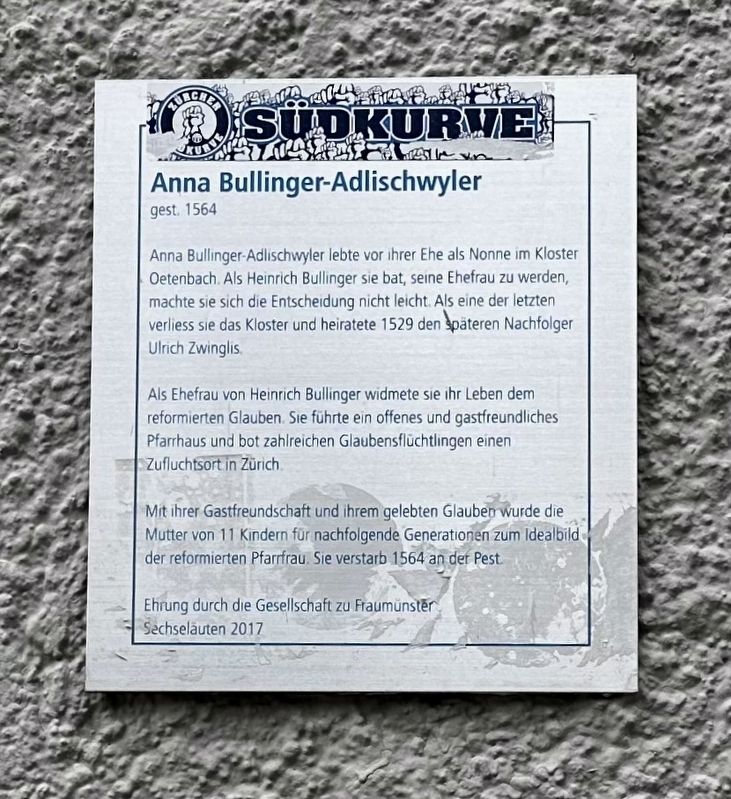 Anna Bullinger-Adlischwyler Marker. Click for full size. Anna Bullinger-Adlischwyler Marker image. Click for full size.