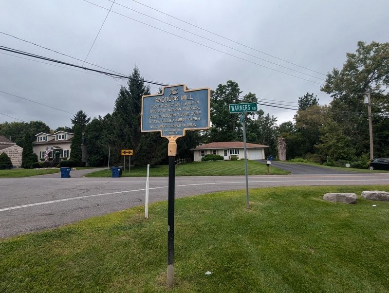 Paddock Mill Marker wider view showing street sign. Click for full size. Paddock Mill Marker wider view showing street sign image. Click for full size.