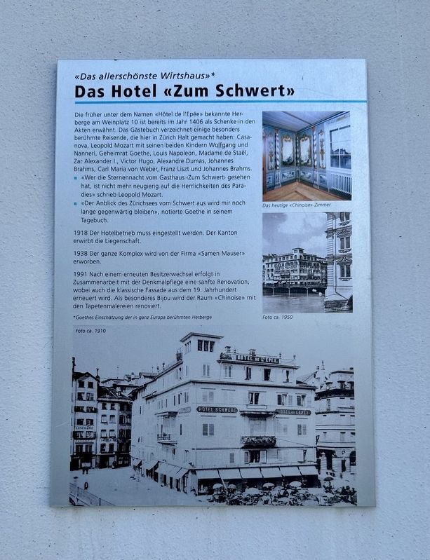 Das Hotel « zum Schwert » / The “Sword Hotel” Marker. Click for full size. Das Hotel « zum Schwert » / The “Sword Hotel” Marker image. Click for full size.