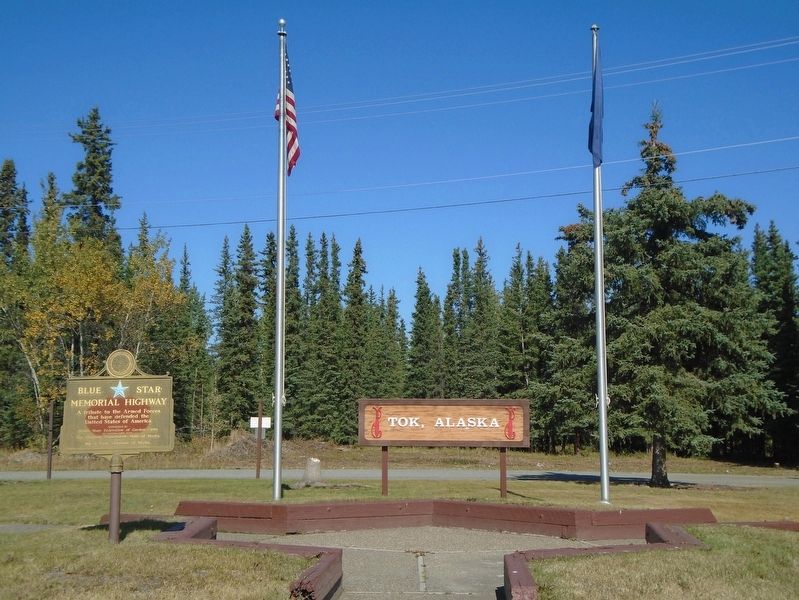 Nearby Blue Star Memorial Highway Marker and Flag Poles. Click for full size. Nearby Blue Star Memorial Highway Marker and Flag Poles image. Click for full size.