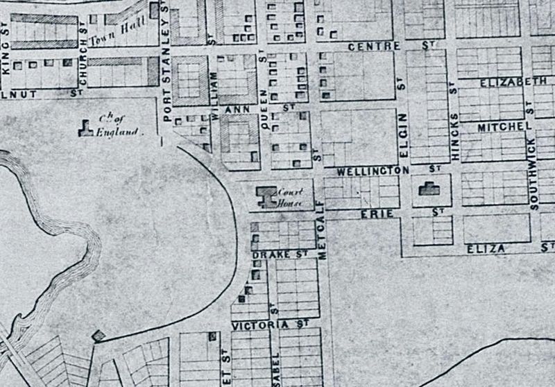 Map of St. Thomas, 1863, showing the Elgin County Courthouse image. Click for full size.