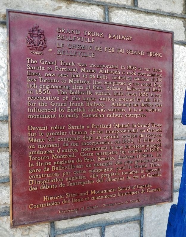 Grand Trunk Railway Belleville / Le chemin de fer du Grand Tronc Marker. Click for full size. Grand Trunk Railway Belleville / Le chemin de fer du Grand Tronc Marker image. Click for full size.