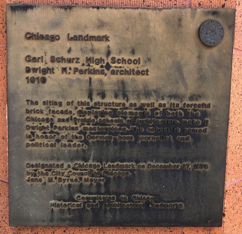 Carl Schurz High School Marker. Click for full size. Carl Schurz High School Marker image. Click for full size.