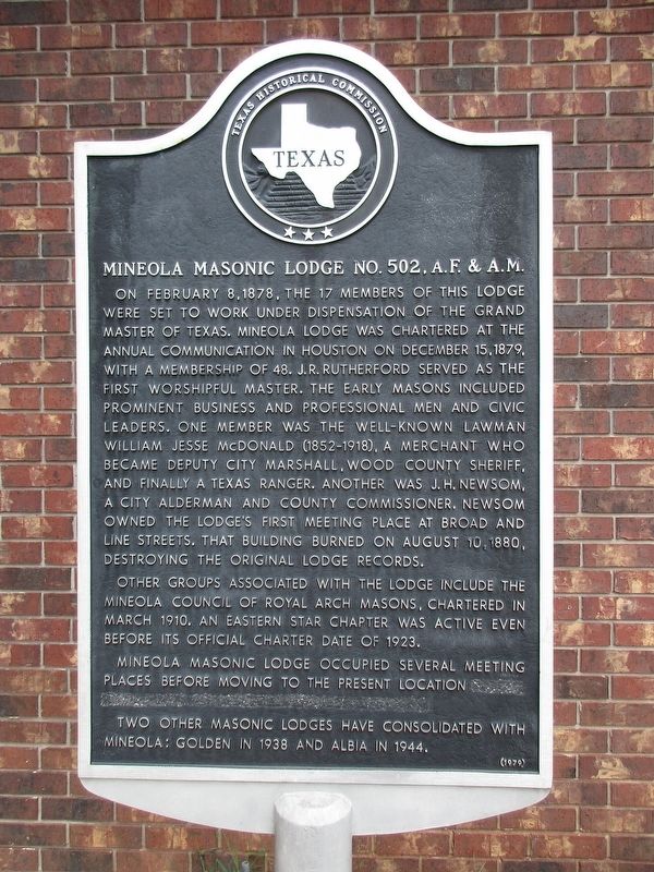 Mineola Masonic Lodge No. 502, A.F. & A.M. Marker. Click for full size. Mineola Masonic Lodge No. 502, A.F. & A.M. Marker image. Click for full size.