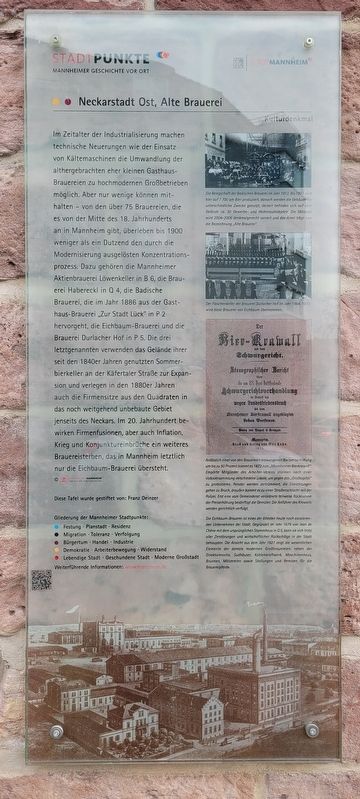 Neckarstadt Ost, Alte Brauerei / Neckar City East, Old Brewery Marker. Click for full size. Neckarstadt Ost, Alte Brauerei / Neckar City East, Old Brewery Marker image. Click for full size.