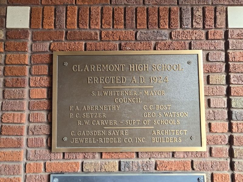 Claremont High School Building plaque (above information marker). Click for full size. Claremont High School Building plaque (above information marker) image. Click for full size.