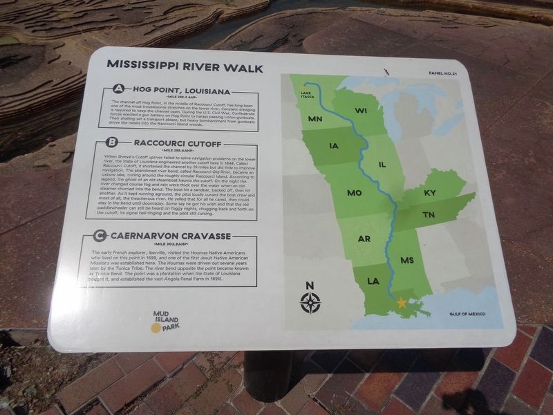 Hog Point, Louisiana/Raccourci Cutoff/Caernarvon Crevasse Marker. Click for full size. Hog Point, Louisiana/Raccourci Cutoff/Caernarvon Crevasse Marker image. Click for full size.