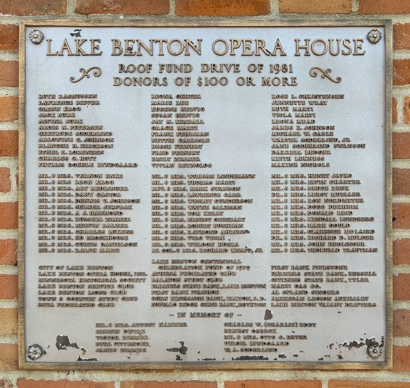 Lake Benton Opera House Roof Fund Donors Marker. Click for full size. Lake Benton Opera House Roof Fund Donors Marker image. Click for full size.