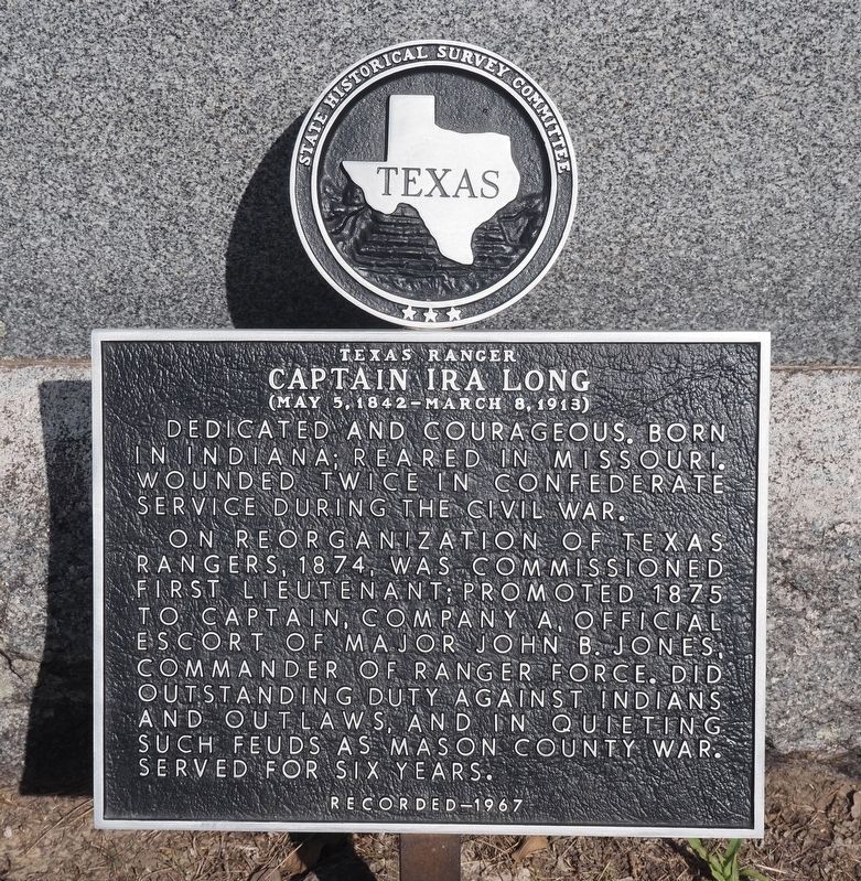Texas Ranger Captain Ira Long Marker. Click for full size. Texas Ranger Captain Ira Long Marker image. Click for full size.