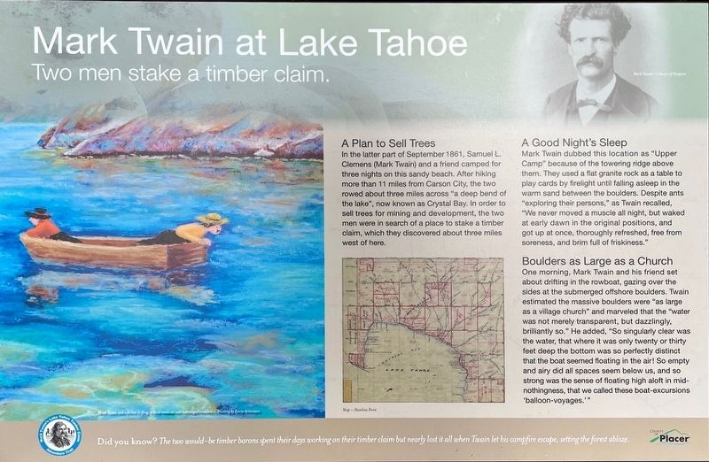 Mark Twain at Lake Tahoe - Two Men Stake a Timber Claim Marker image. Click for full size.
