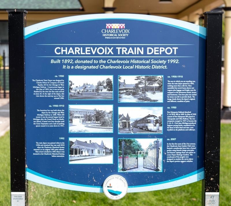 Charlevoix Train Depot side of marker image. Click for full size.