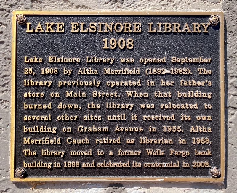 Lake Elsinore Library Marker. Click for full size. Lake Elsinore Library Marker image. Click for full size.