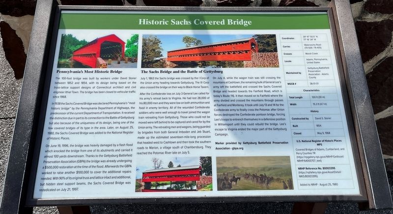 Historic Sachs Covered Bridge Marker image. Click for full size.