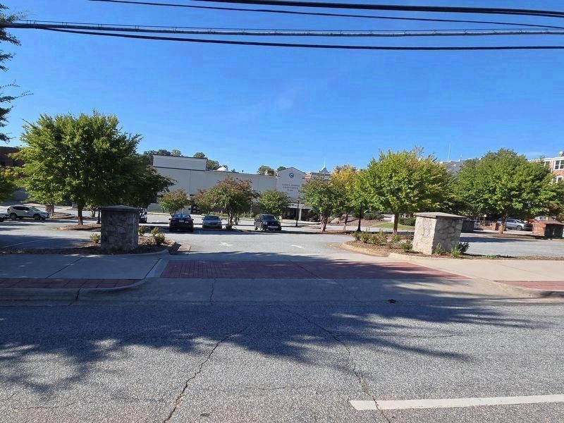 Stone entry posts to the marker's adjacent parking lot along Harper Ave. image. Click for full size.