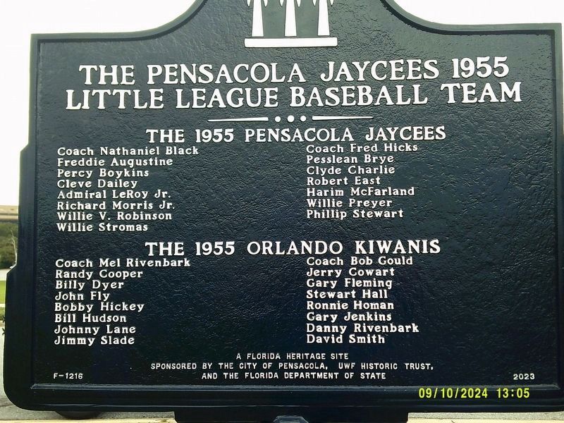 The Pensacola Jaycees 1955 Little League Baseball Team Marker. Click for full size. The Pensacola Jaycees 1955 Little League Baseball Team Marker image. Click for full size.