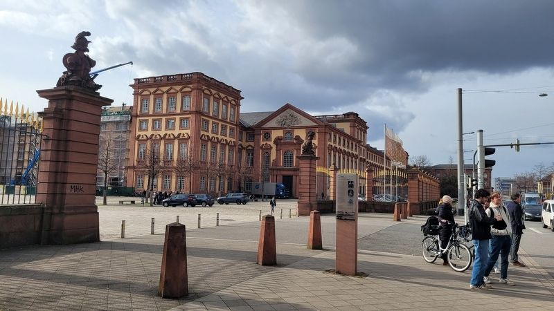 The view of the marker in front of the main entrance to the University of Mannheim. Click for full size. The view of the marker in front of the main entrance to the University of Mannheim image. Click for full size.