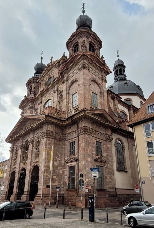 The marker is located on the right side of the front entrance to the Jesuit Church image. Click for full size.