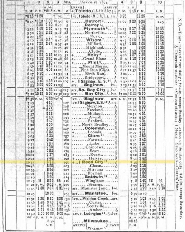 Pere Marquette Timetable, March 18, 1894. Click for full size. Pere Marquette Timetable, March 18, 1894 image. Click for full size.