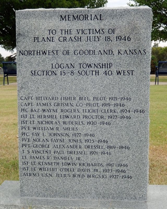 Memorial to the Victims of Plane Crash July 18, 1946 Marker image. Click for full size.