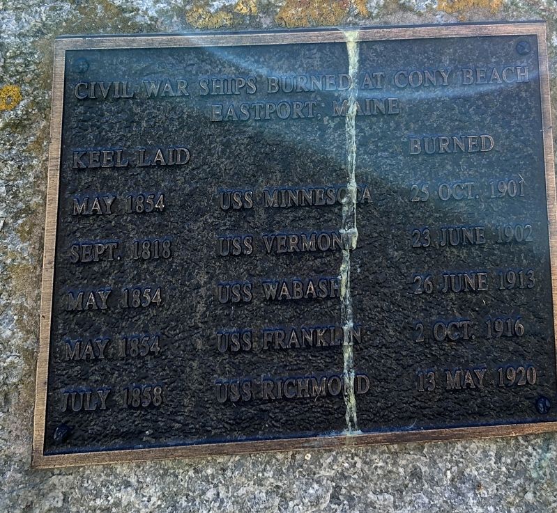 Civil War Ships Burned at Cony Beach Marker. Click for full size. Civil War Ships Burned at Cony Beach Marker image. Click for full size.