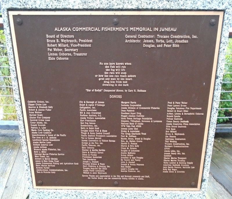 Alaska Commercial Fishermen's Memorial in Juneau Sponsors Marker. Click for full size. Alaska Commercial Fishermen's Memorial in Juneau Sponsors Marker image. Click for full size.