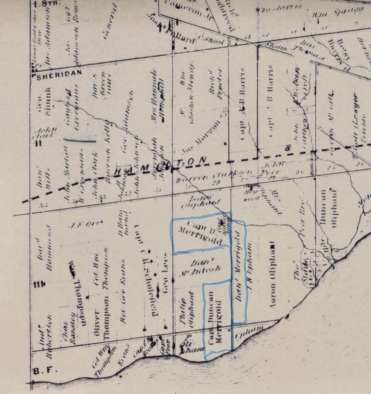 Toronto Township, 1859, highlighting the Capt. Merigold�s properties at Merigold Point. image. Click for full size.