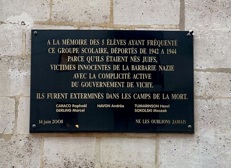 École Rue de Picpus Jewish Student Deportation Memorial Marker. Click for full size. École Rue de Picpus Jewish Student Deportation Memorial Marker image. Click for full size.