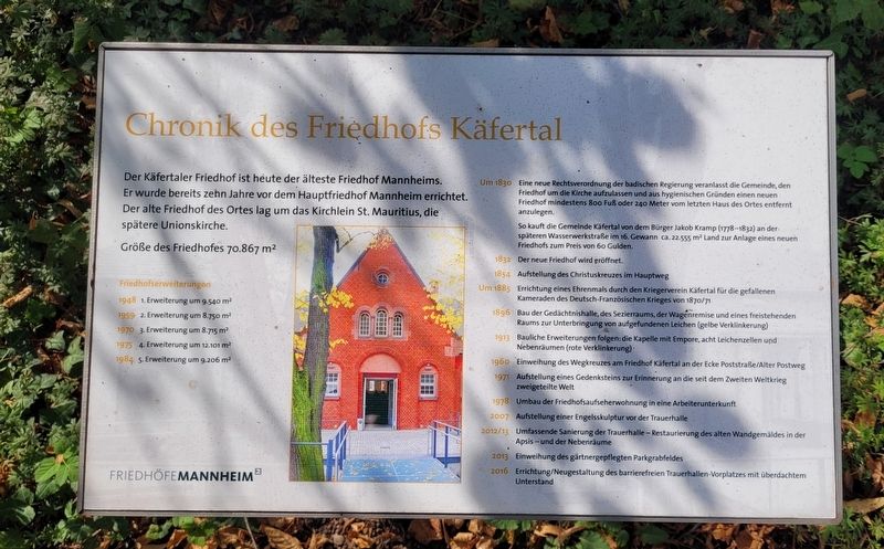 Chronik des Friedhofs Käfertal / Chronicle of the Käfertal Cemetery Marker. Click for full size. Chronik des Friedhofs Käfertal / Chronicle of the Käfertal Cemetery Marker image. Click for full size.