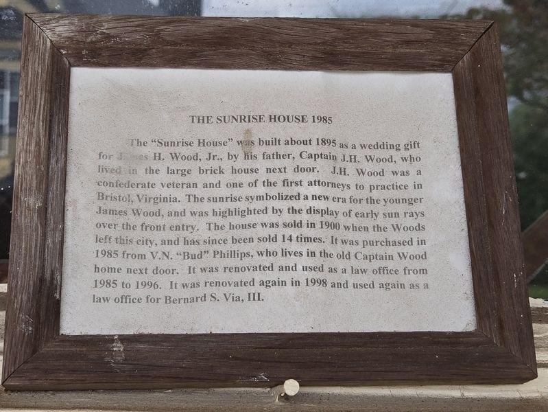 The Sunrise House framed plaque detailing information on the history of the house.. Click for full size. The Sunrise House framed plaque detailing information on the history of the house. image. Click for full size.