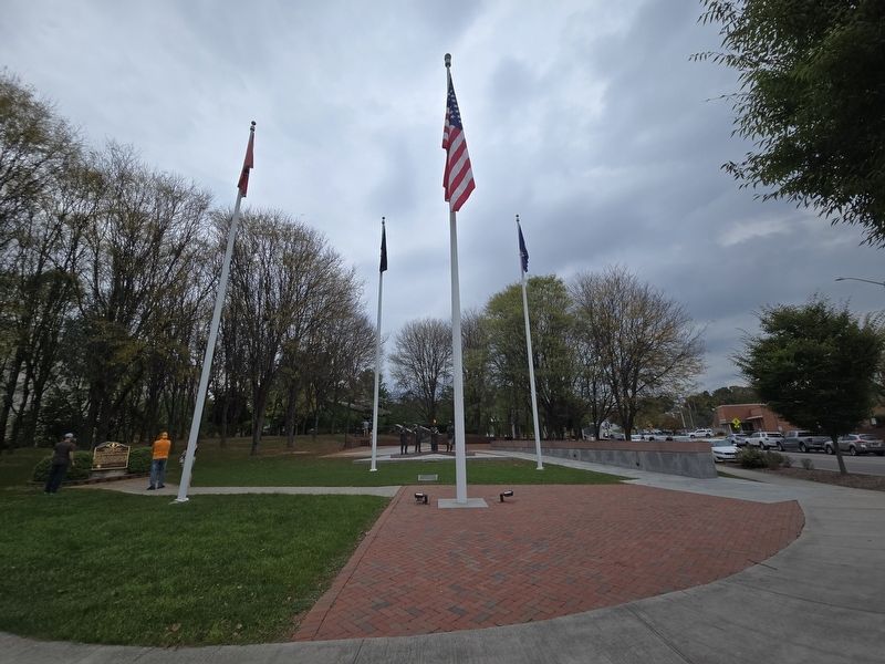 Full view of Bristol Veterans Memorial. Marker is in the center of the 4 flagpoles. Click for full size. Full view of Bristol Veterans Memorial. Marker is in the center of the 4 flagpoles image. Click for full size.