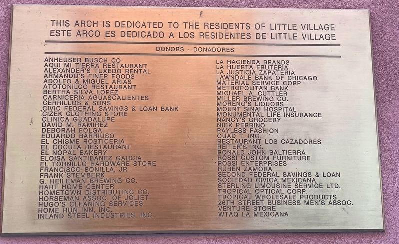 Little Village Arch donor plaque image. Click for full size.