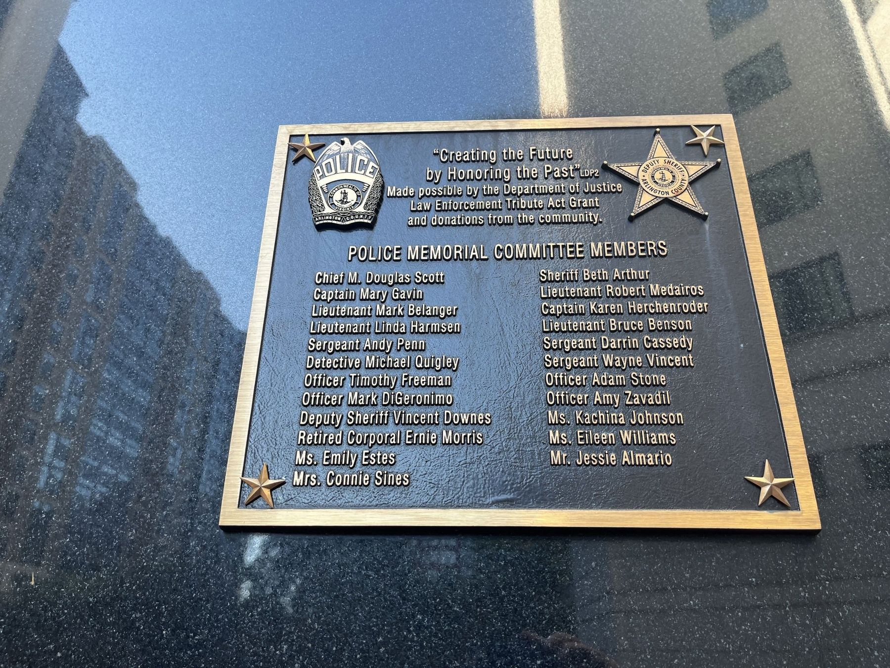 Arlington County Peace Officer Memorial dedication plaque. Click for full size. Arlington County Peace Officer Memorial dedication plaque image. Click for full size.