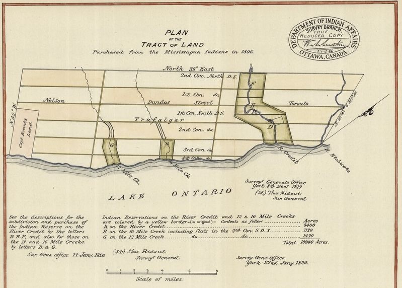1820 plan showing the land purchases of the Mississauga Tract image. Click for full size.